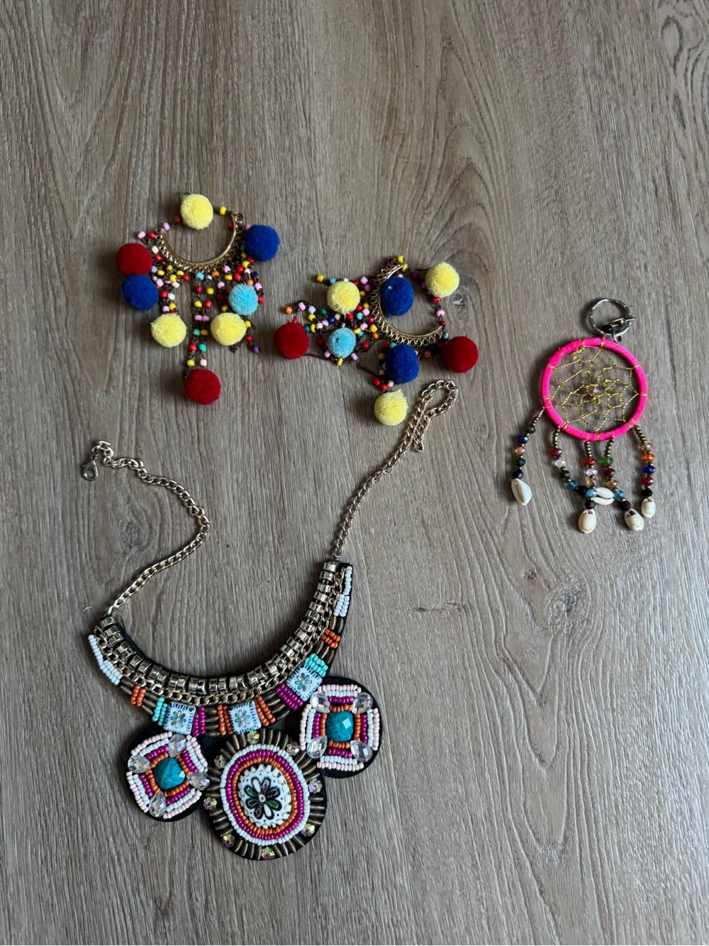 Boho Multicolor Beaded Statement Necklace and Pom-Pom Earrings Set